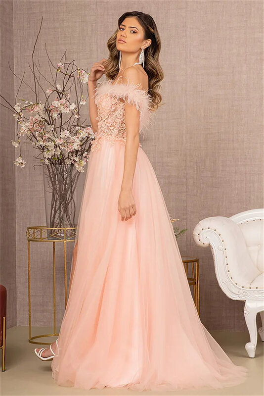 Jj-vestido de noite com penas bordadas, rosa, luxo, formal, casamento, festa, baile, para senhoras, 2024