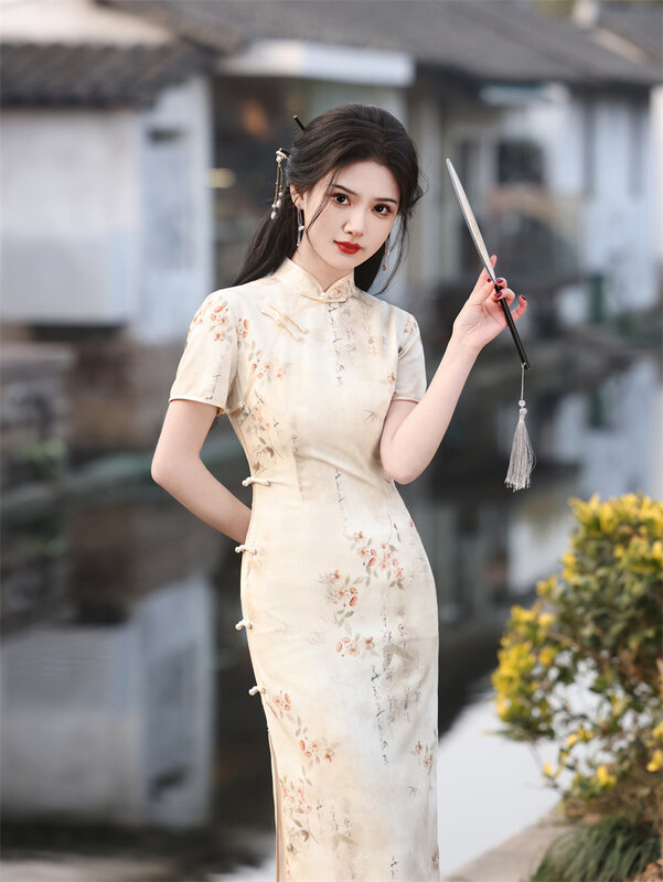 2024 Spring/Summer New Tiansi Linen Side Eight Buckle Mid length Qipao Retro Republican Style Low slit Mandarin Collar Cheongsam
