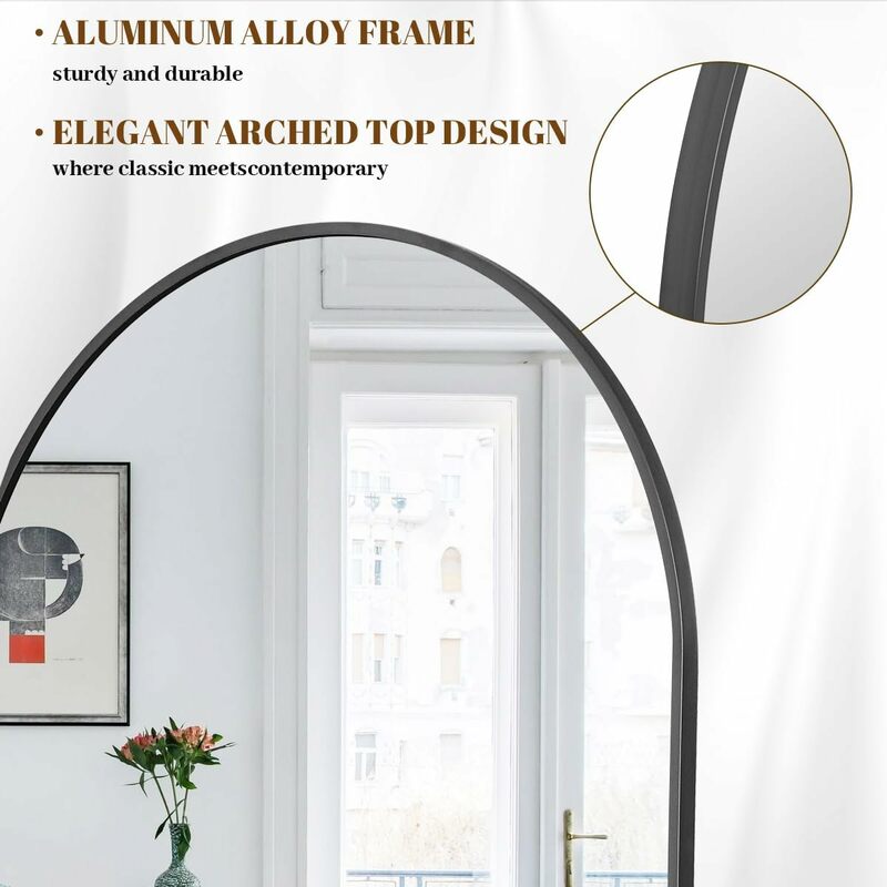 Black Aluminum Alloy Frame Arched Full-Length Mirror 30"x71" Standing Leaning Wall-Mounted Elegant Home Decor Enhance Room Style