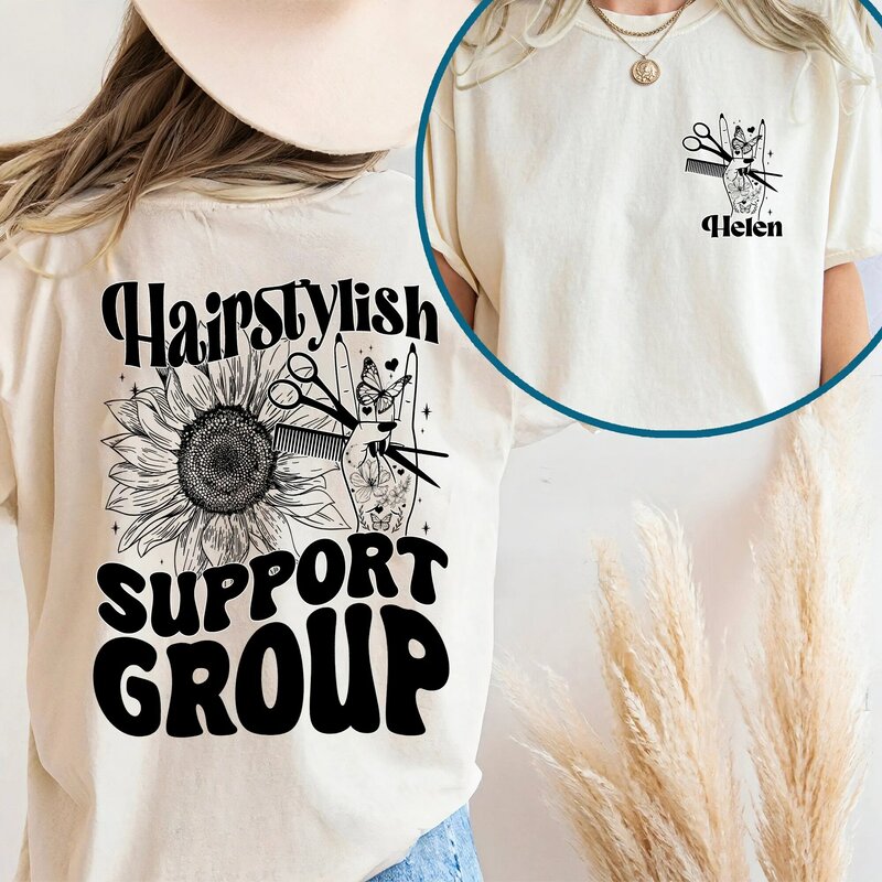 Fryzjer Wsparcie Grupa Slogan Damska koszulka Narzędzia do strzyżenia włosów i słoneczniki Nadruk z tyłu Koszula damska Nowy trend Letnia koszulka