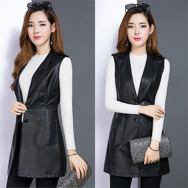 Весна-Осень 2023, женский новый корейский кожаный жилет, пальто, облегающая куртка из искусственной кожи, женский жилет средней длины из искусственной кожи, кардиганы