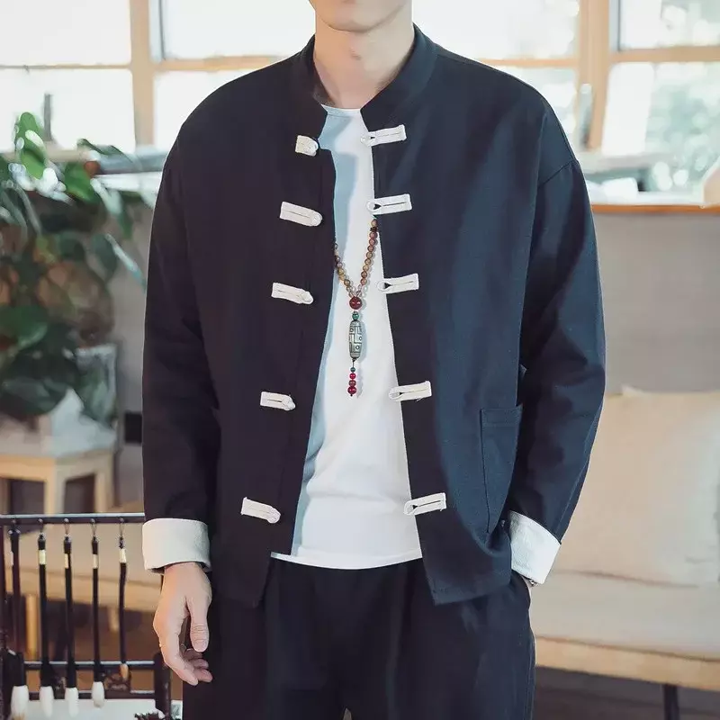 Abrigo Retro tradicional chino para hombre, traje Tang de manga larga, chaqueta con hebilla de cuello mandarín, camisa de Kung Fu de algodón Oriental
