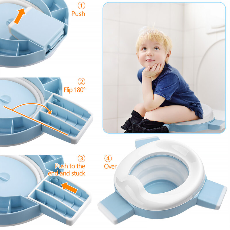 TYRY.HU-Potty portátil do bebê do silicone para crianças, Assento do toalete 3 em 1 do curso, Pote de viagem azul com sacos