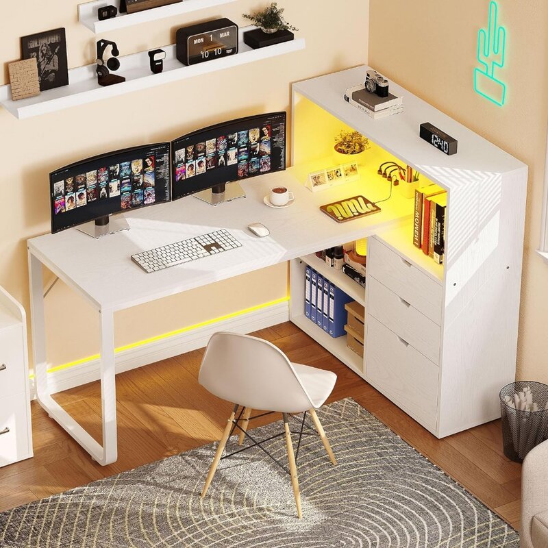 L Shaped Desk with Power Outlets & LED Lights & File Cabinet, 55" Corner Computer Desk with 3 Drawers & 3 Storage Shelves