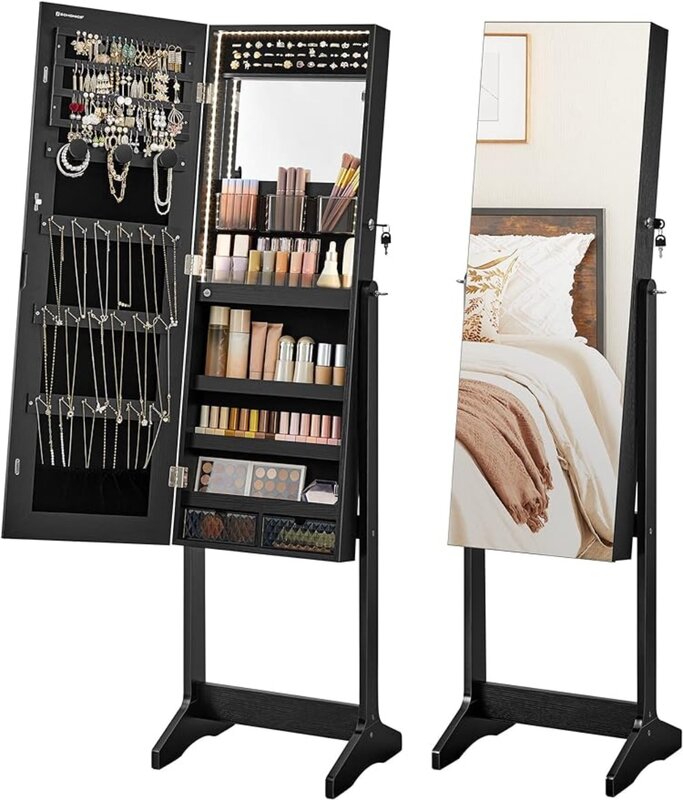 Mirror Jewelry Cabinet Standing Armoire Organizer, Jewelry Storage with Full-Length Frameless LED Lights, Built-in Makeup Mirror