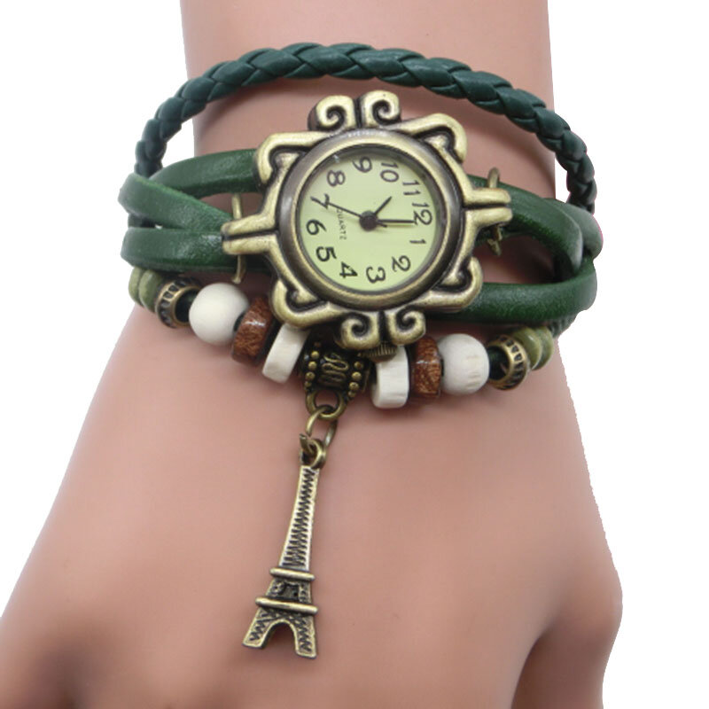 Montre-bracelet tour rétro en cuir pour femmes, couleur Bronze vert, LL @ 17