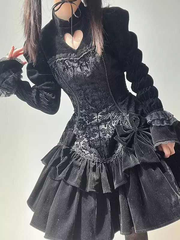 Dark Gothic Lolita Flocking Dress OP Lolita Hollow Out Sweet Cool Bunny Halloween Princess Dress