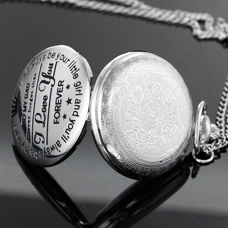 Silver Dad, I Love You Best Holiday Gift Quartz Pocket Watch Men's High Quality Necklace Timing Pendant Jewelry Gift Clock