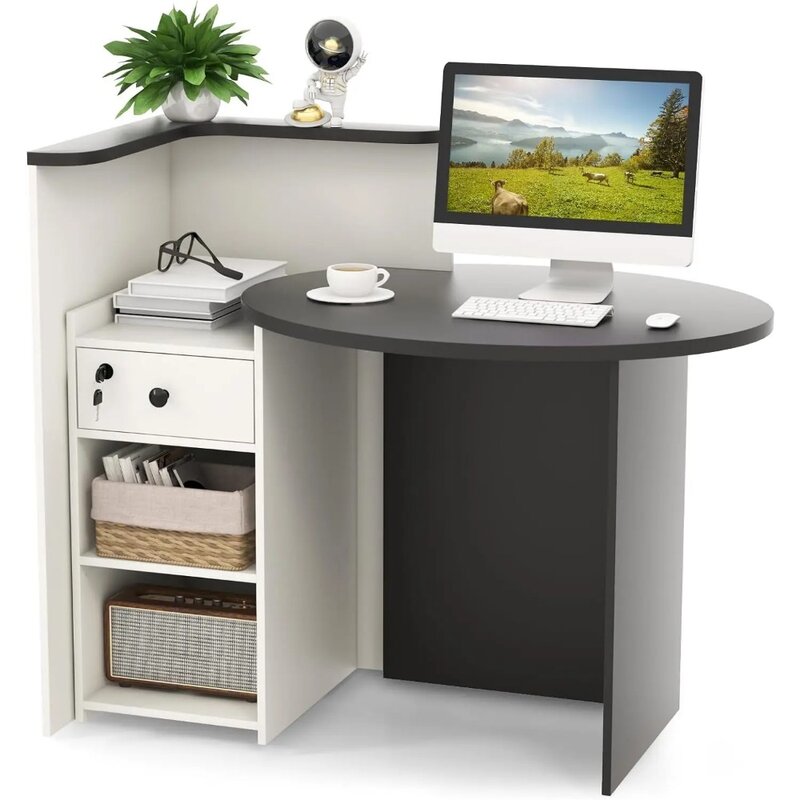 Reception Desk,Front Counter Desk with Lockable Drawer&Adjustable Shelf,Oval Desktop,Retail Counter for Checkout