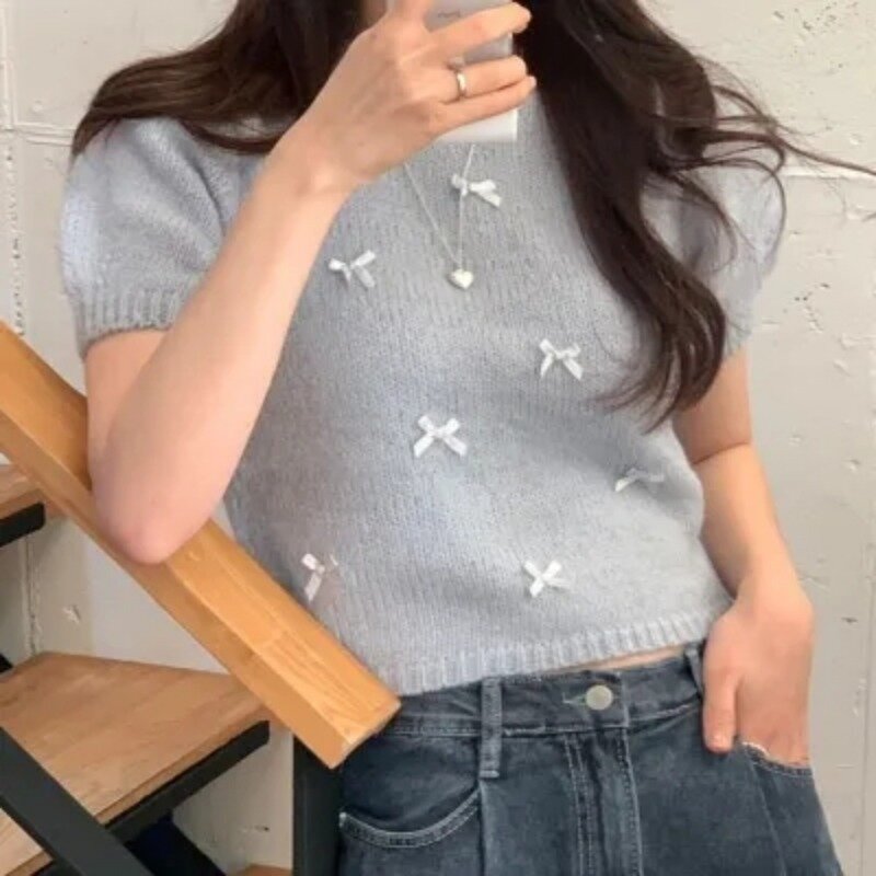 Early Spring New Korean Gentle Bow Short Sleeve Sweater Sweet Version Soft Glutinous Knitted Pullover Top Female Clothing
