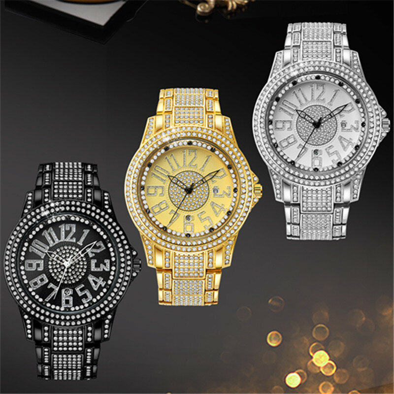 Montre en diamant de luxe pour hommes, montres-bracelets à quartz, horloge masculine, glacé, Hip Hop, date, marque supérieure, nouveau, livraison directe