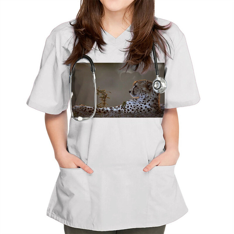 Uniforme de enfermería con estampado animal para mujer, Tops de manga corta con cuello en V, blusa de bolsillo con estampado de uniforme de trabajo, Tops de aseo para mascotas