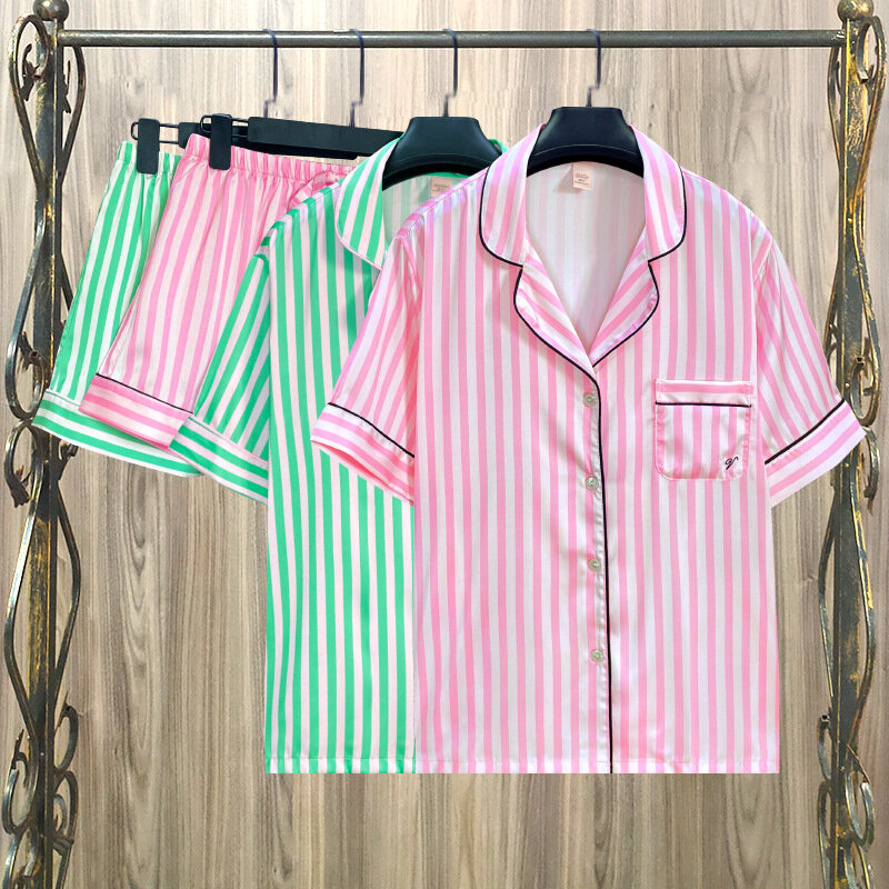 Conjunto de pijama de seda gelo feminino, pijama listrado rosa, shorts de pijama doce, cardigã V pequeno, Home Wear, verão, novo, 2024