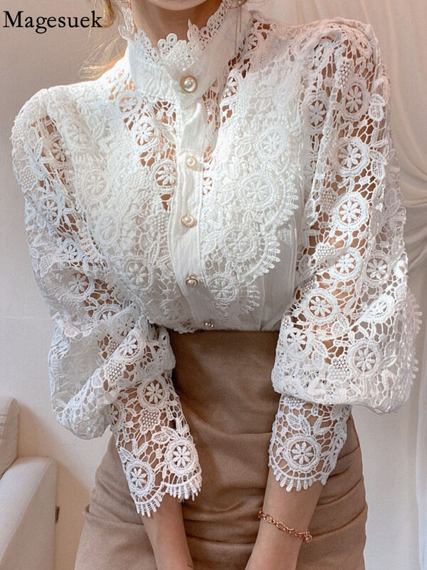 Женская кружевная блузка, белая ажурная блузка составного кроя с лепестковыми рукавами и воротником-стойкой, на пуговицах, универсальный топ, 12419