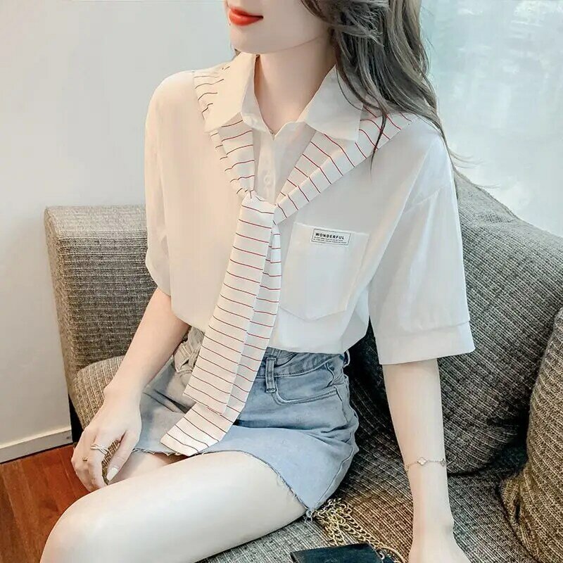 Blusa de gasa a rayas con cuello tipo Polo para mujer, camisa de manga corta con botones, Color liso, 2024