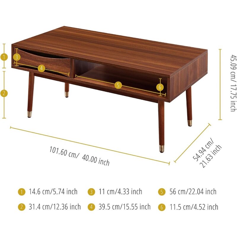 40 In. X 21.63 In. Wooden Mid-Century Modern Coffee Table With Drawer and Shelf Walnut With Brass Leg Tips Freight Free Tables