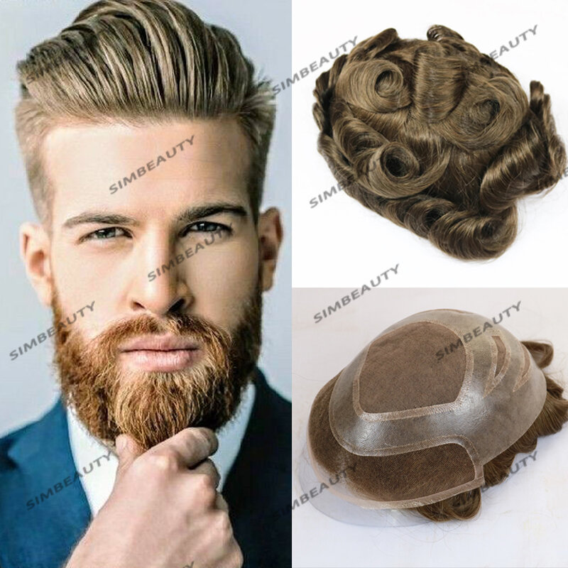 #17 Ash Blonde European Men Human Hair Toupee Natural Hairline Breathable Versalite PU&Lace Base Male Wigs Capillary Prosthesis