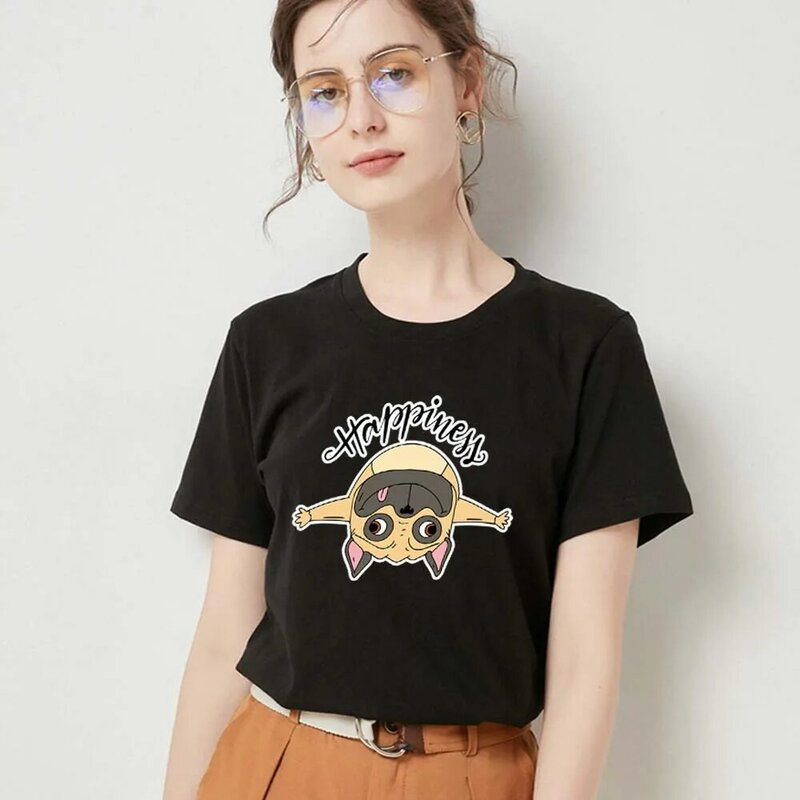Damen T-Shirt Sommer Mode Basic O-Ausschnitt Slim Fit Damen Pendler atmungsaktiv niedlichen Hund Muster gedruckt Serie bequemes Top