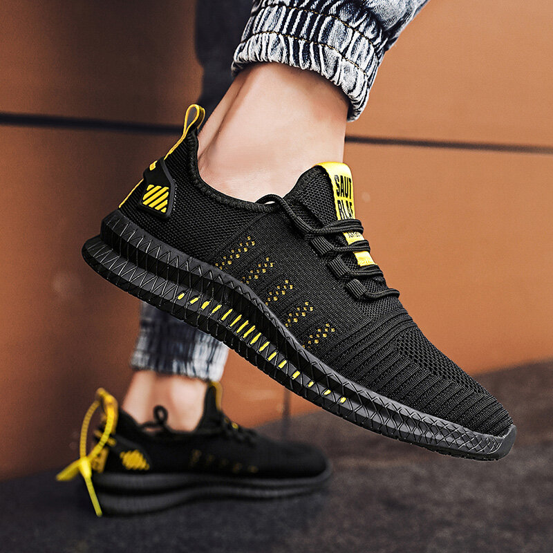 Men's sneakers lace-up flying woven through casual shoes vulcanized lightweight flat comfortable running shoes plus size 48
