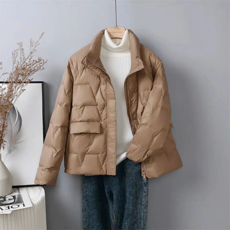 Herbst Winter kurze Daunen Baumwoll jacke Frauen neue lose Stehkragen Oberbekleidung reine Farbe Mantel Mode Mantel weiblich