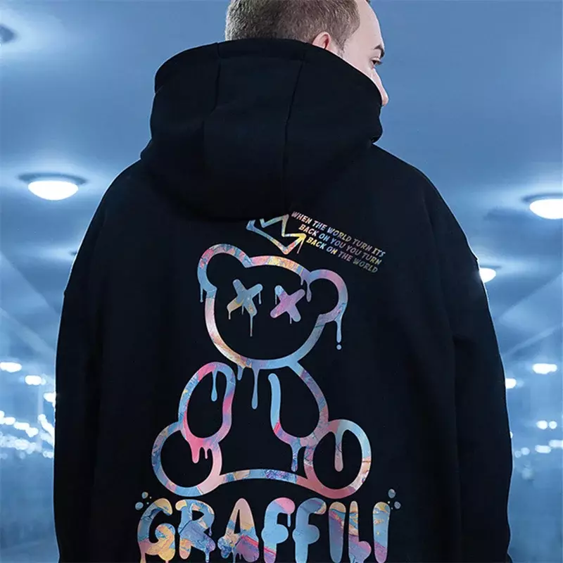Sweter Bertudung Bulu Pria Gambar Beruang Grafiti Jalanan Tinggi Pakaian Bertudung Sweater Hip Hop Y2K Kasual Musim Gugur Retro