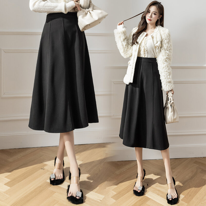 Женская Длинная шерстяная юбка в стиле ретро, элегантная однотонная трапециевидная юбка-макси составного кроя с высокой талией, свободная юбка коричневого и черного цветов, зима 2022