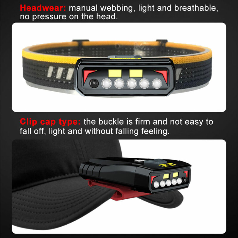 Linterna de cabeza de inducción EDC de 2000mAh, MINI lámpara de Camping portátil, recargable por USB, tapa de Clip, luz de trabajo, pantalla de energía