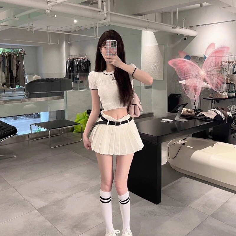 Spicy Girl Korean Knit Short Sleeve Top Pleated Skirt Two Piece Set Women O-Neck Academy Sweet Temperament Slim Summer Chic Suit