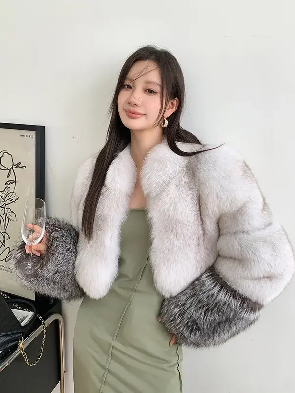 여성용 천연 여우 모피 코트, 우아한 슬림 하이웨이스트 크롭 푹신한 겨울 재킷, 고급 럭셔리, 2024 신상