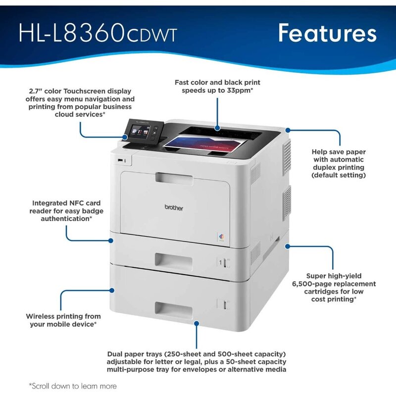 Imprimante laser HLL8360CDWT pour documents d'affaires, impression duplex, mise en réseau sans fil, plateaux pour touristes