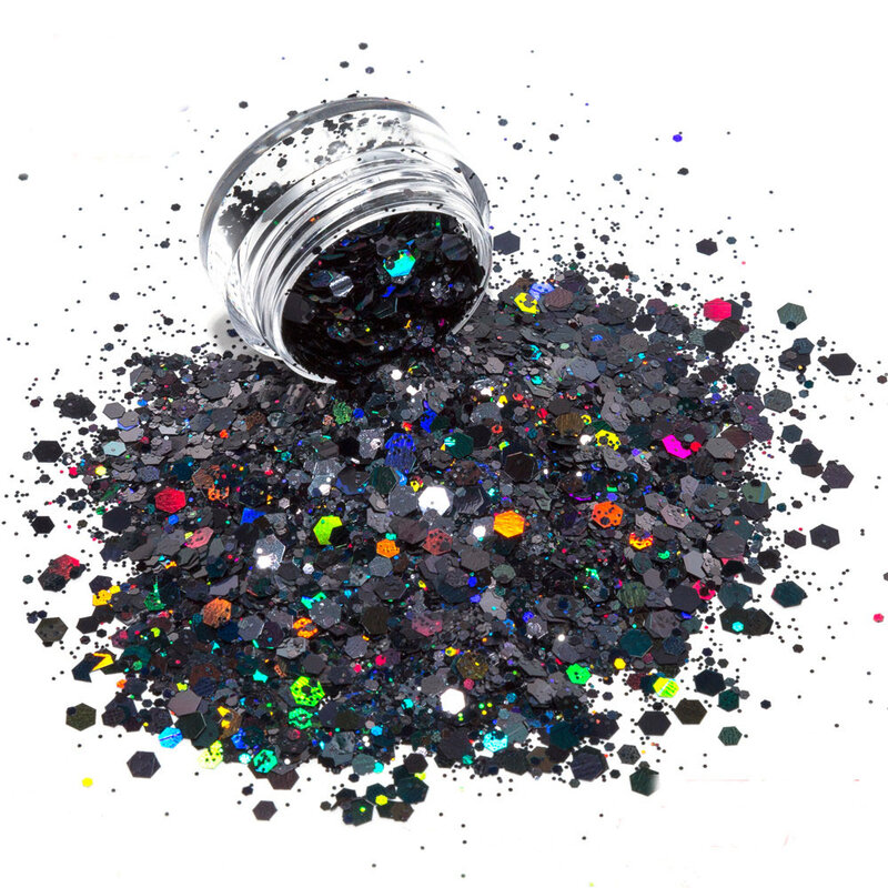10 g/saco holográfico preto brilhante ultrafino prego glitter mix hexágono granel diy decoração para gel suprimentos de unhas