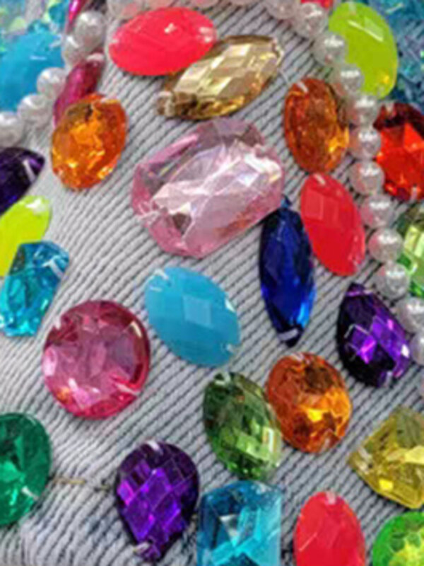 [EWQ] Beautiful Colorful Diamond Beads High Waist Loose Wide Leg Denim Shorts Drawstring Elastic Pant 2024 Spring Summer 16U9021