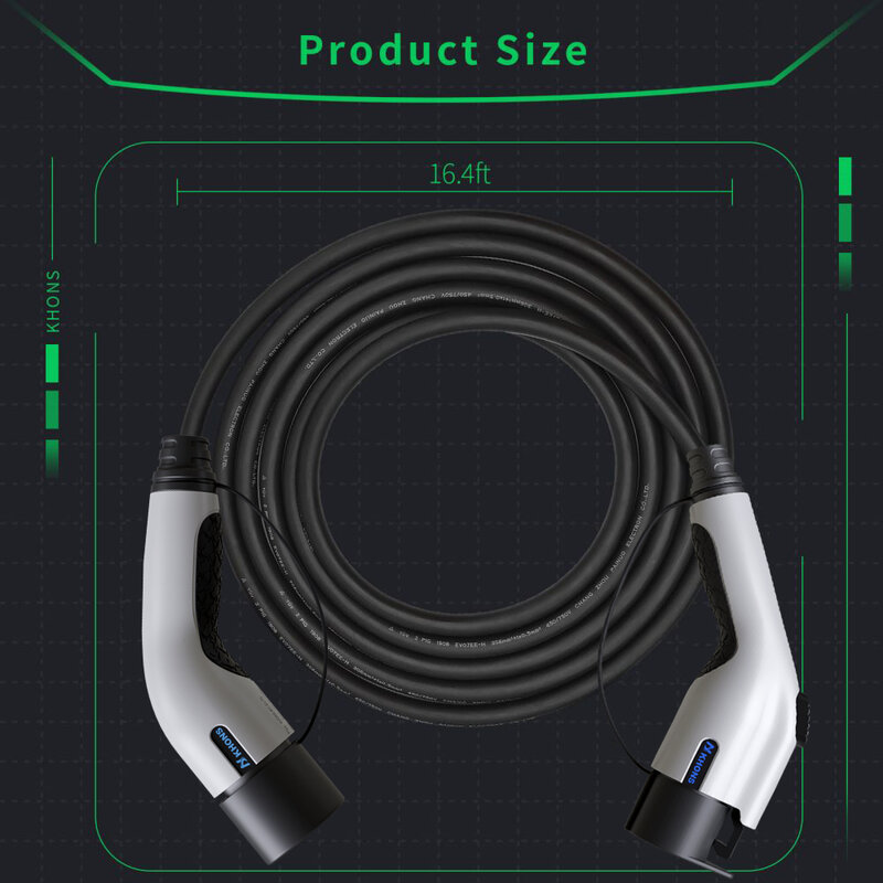 Khons J1772 EV Charging Extension Cable 16A 32A Charging Cable For Electric Car Type1 To Type2 Cable 5m Female To Male Plug