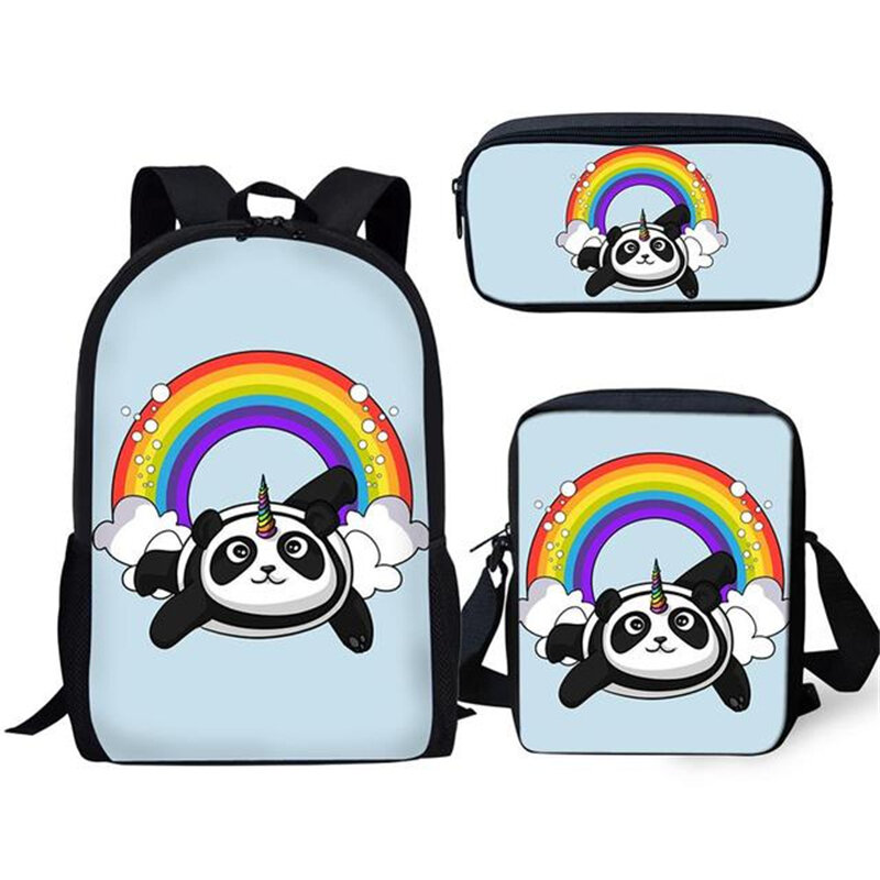 3 комплекта школьных сумок с мультипликационным рисунком панды, единорога, легкий рюкзак для мальчиков и девочек-подростков, повседневная школьная сумка, сумка для обеда, женская сумка-карандаш