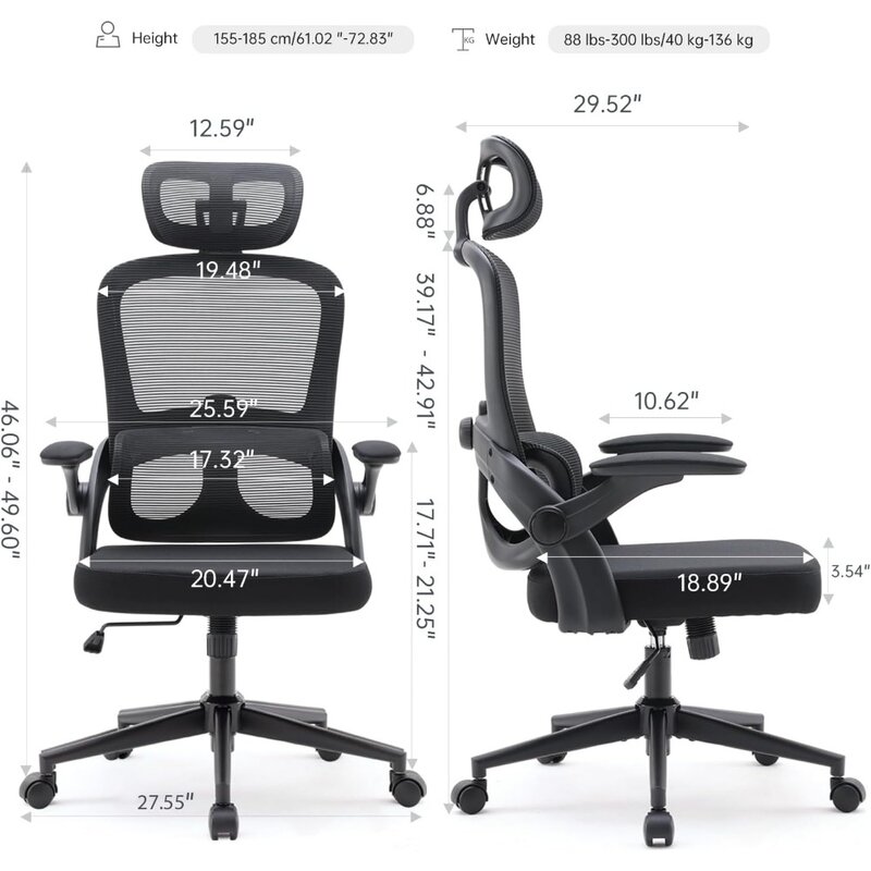Вращающийся компьютерный стул с высокой спинкой и 3D подлокотниками, регулируемый 2D подголовник с поддержкой поясницы вверх и вниз, для офиса