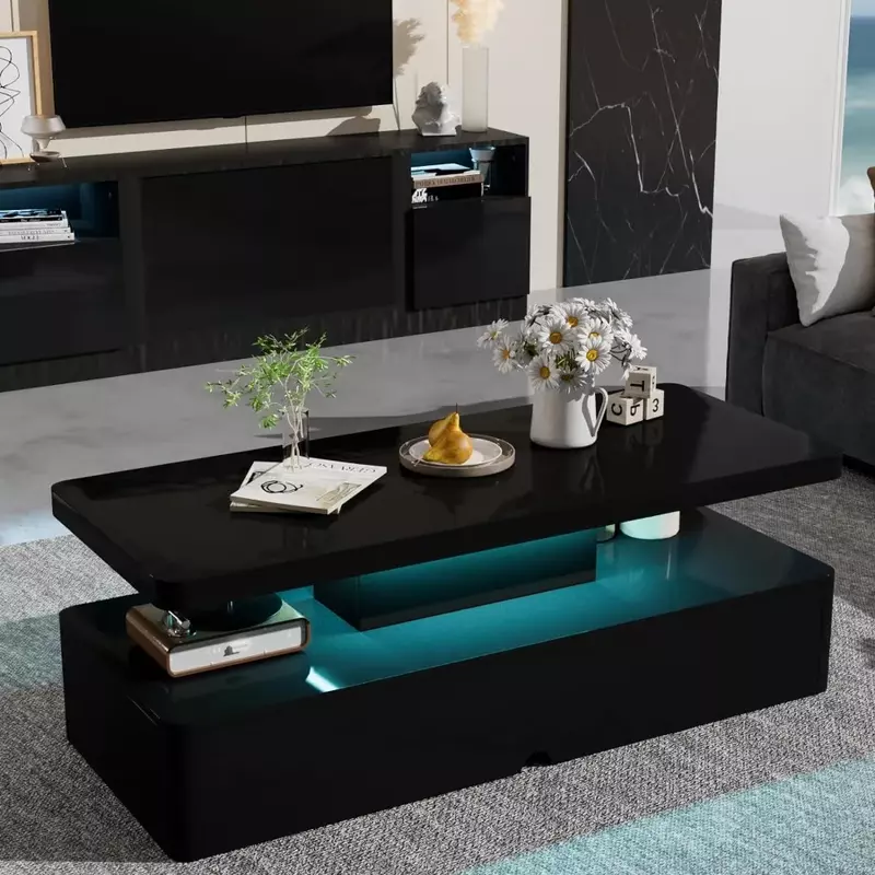 Mesa de centro verde de diseño de doble capa para sala de estar, mesa de centro moderna y elegante con luces LED de 16 colores, muebles negros