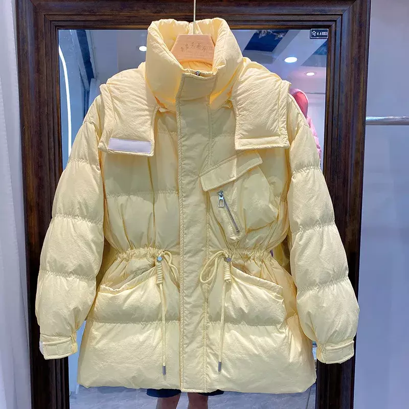 2023 neue Winter Daunen jacke Damen Taille Verdickung geneigte Reiß verschluss tasche weiße Ente Daunen hochwertige schwarz gelbe Mantel