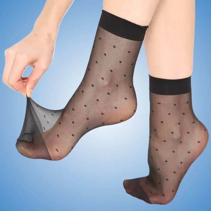 Kaus kaki transparan motif titik warna kulit, kaus kaki sutra kristal wanita tipis musim panas nilon pendek untuk wanita 10/20/30 pasang/lot