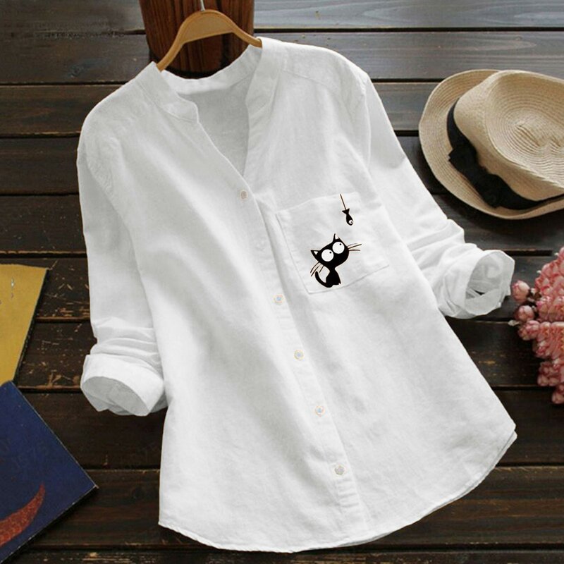 بلوزة نسائية من الكتان القطني بجيب مطبوع عليها قطة ، قميص غير رسمي برقبة على شكل حرف V ، قميص بأكمام طويلة ، ملابس بأزرار لأسفل ،