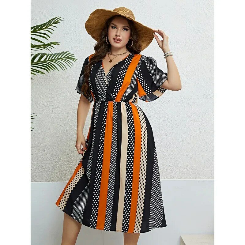 WSFEC XL-4XL 2023 летняя новая модная женская одежда большого размера с коротким рукавом в стиле пэчворк свободные элегантные повседневные платья миди