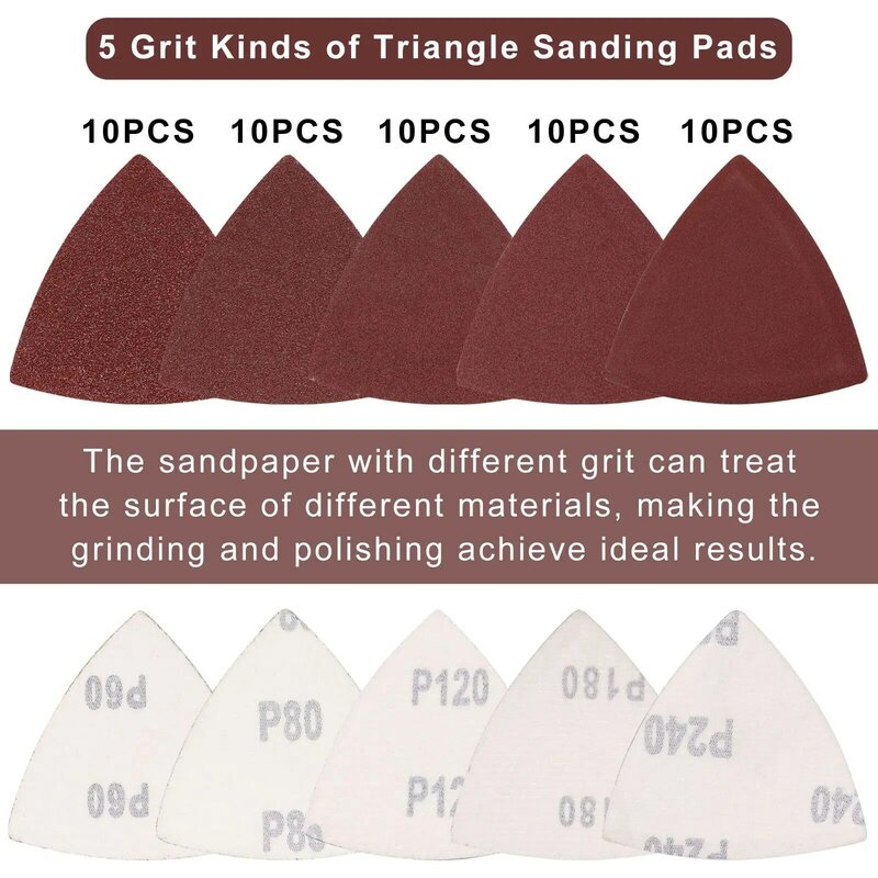 80×80MM Hook and Loop Oscillating Triangle Sandpaper Kit 52 Pcs Assorted 60-240 Grits Universal for Finishing Wood Sanding