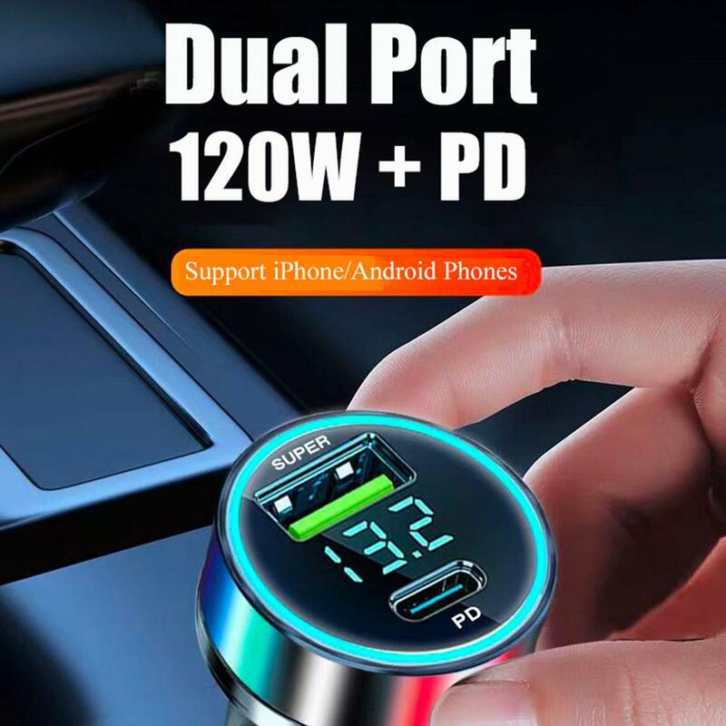 Автомобильное зарядное устройство с двумя USB-портами, 12-24 В, 120 Вт + PD20W