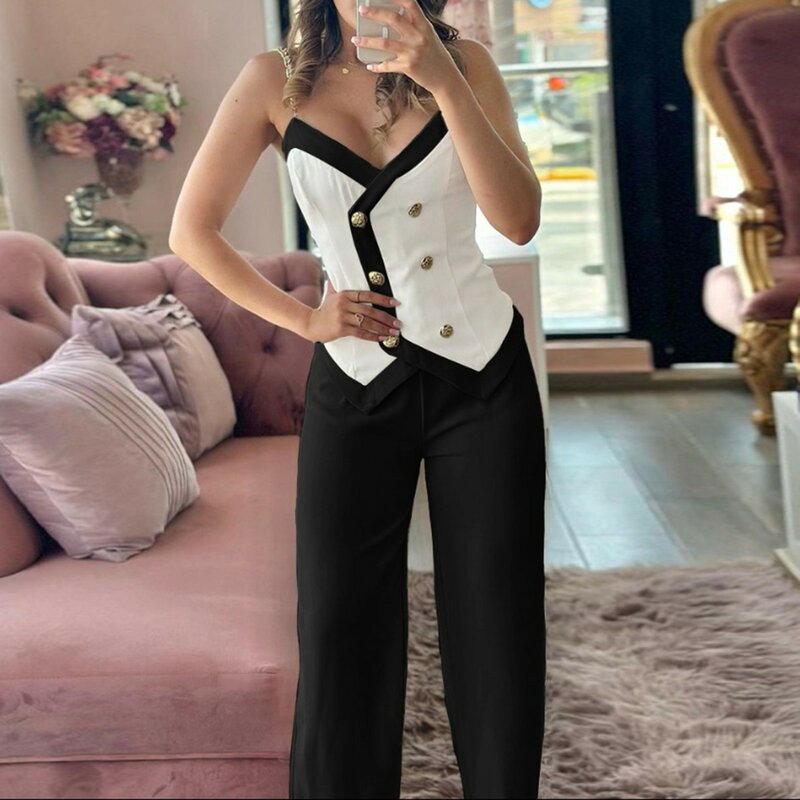 Women Two-Piece Set 2024 Spring Summer V-Neck Double Breasted Chain Strap Sleeveless Top & Straight Leg Pants Set Casual Style