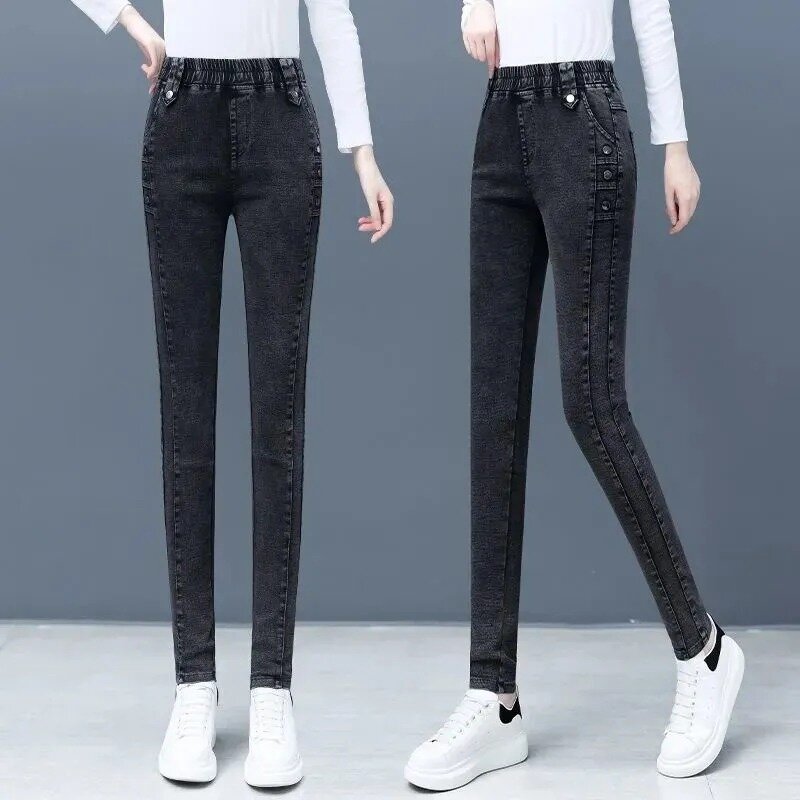 Obcisła, ołówkowa dżinsy damskie z wysokim stanem koreańskie elastyczne Vaqueros casualowe w stylu Streetwear smukłe spodnie dżinsowe pantalony Vintage Jeansy