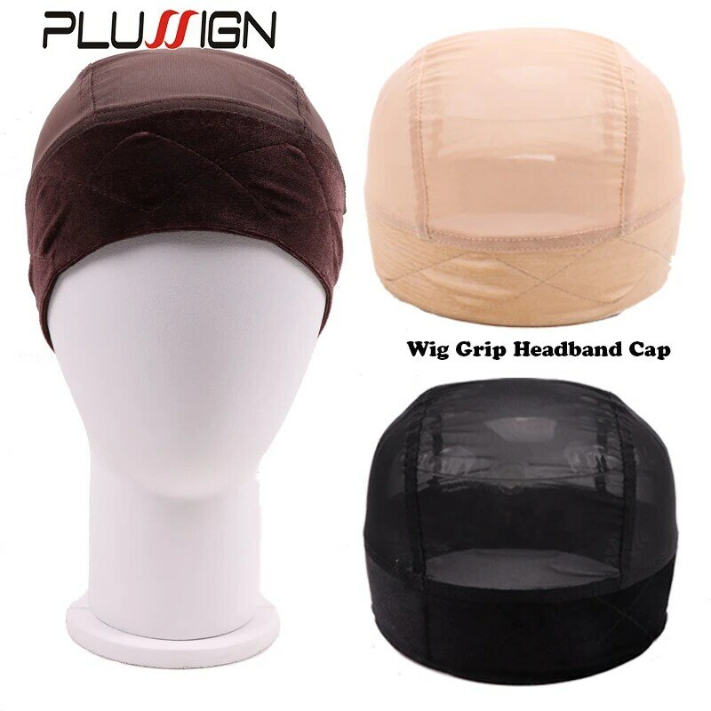 Plussign-gorro de agarre de peluca negra para mujer, banda de agarre de terciopelo ajustable de 1 piezas con tapa, cómoda y ventilada