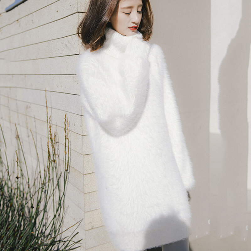 여성용 터틀넥 모헤어 스웨터, 풀오버 니트 원피스, 긴 2024, 한국 가을, 느슨한 니트, 두꺼운 겨울 보터밍 스웨터 원피스