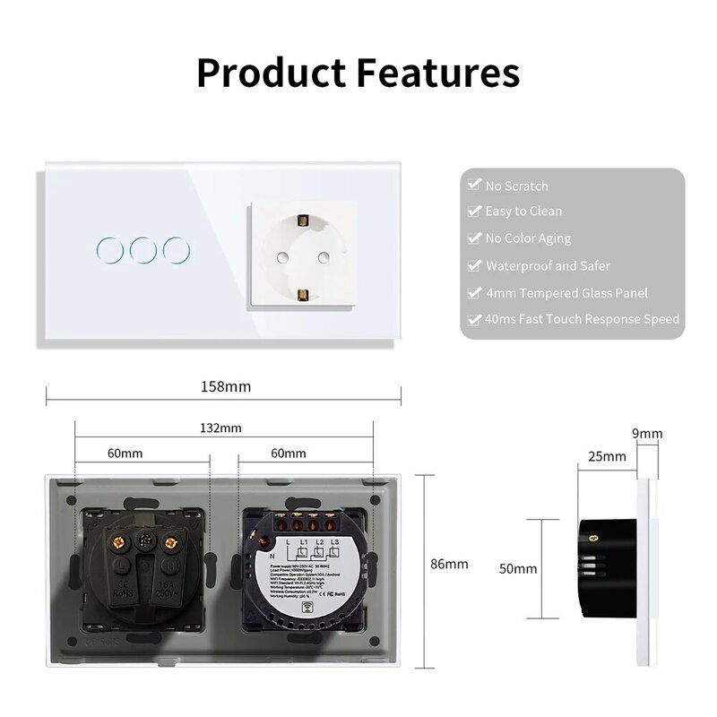 Touchimi-Interruptor táctil inteligente con Wifi, enchufe de pared de la UE, toma de corriente USB tipo C, 1/2/3 entradas, Control por aplicación Tuya, Google y Alexa
