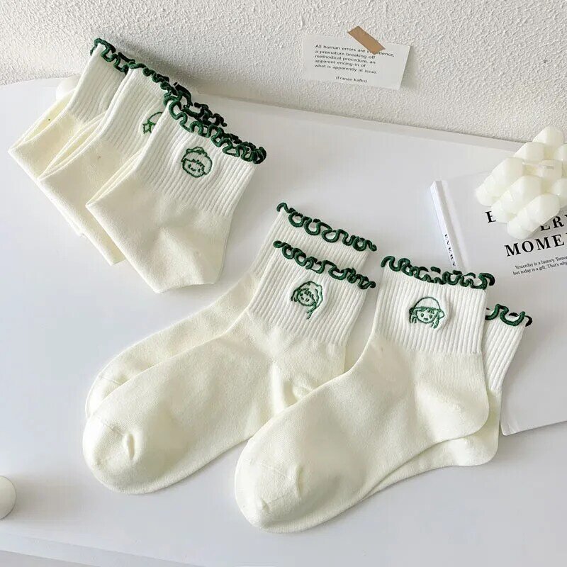 Meias de algodão com babados para mulheres, meias esportivas, meias bordadas, simples e elegante, japonesa e kawaii, doce e fofa, C111