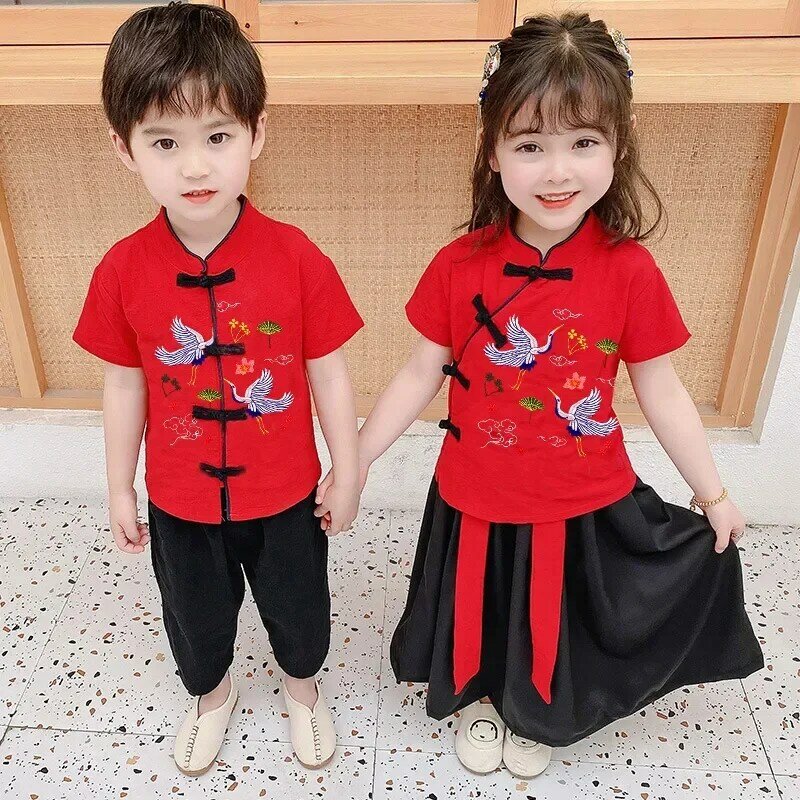 2 szt. Tradycyjne chińskie kostiumy na nowy rok ubrania dla dzieci wiosenny festiwal Tang garnitur dziewczyna chłopiec zestawy z krótkim rękawem Top + spodnie + spódnica