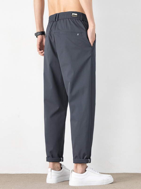 Letnie ultracienkie męskie spodnie dziewięciopunktowe Cool Ice Silk Miękka elastyczna talia Luźne proste spodnie do kostek Czarny Khaki Szary